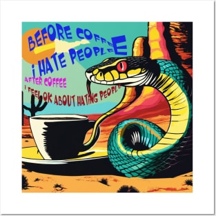 a snake drinking a cup of coffee pop art in the desert Posters and Art
